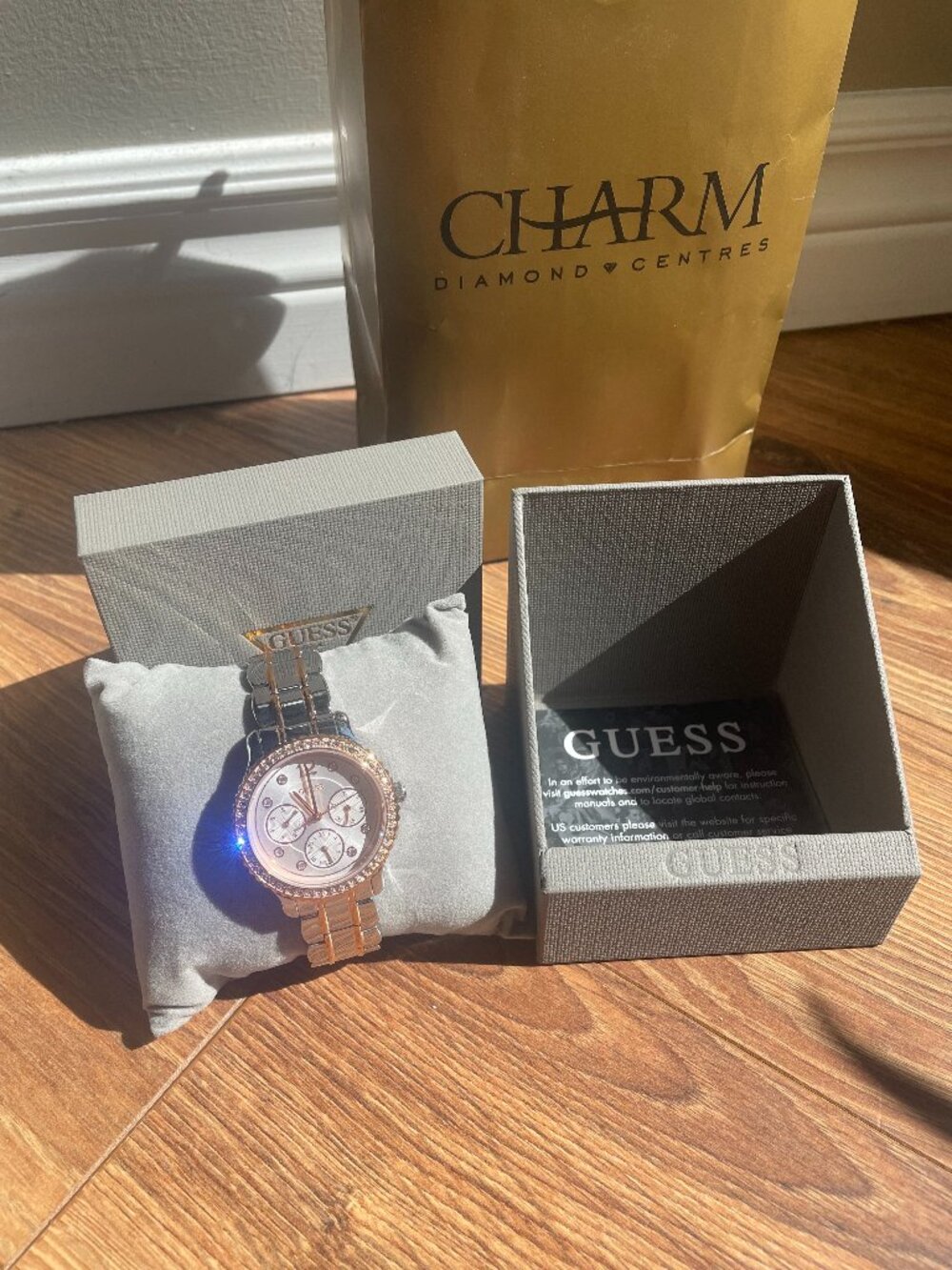 NWT Womens GUESS "Enchanting" Crystal, Silver & Rose Gold Tone Watch